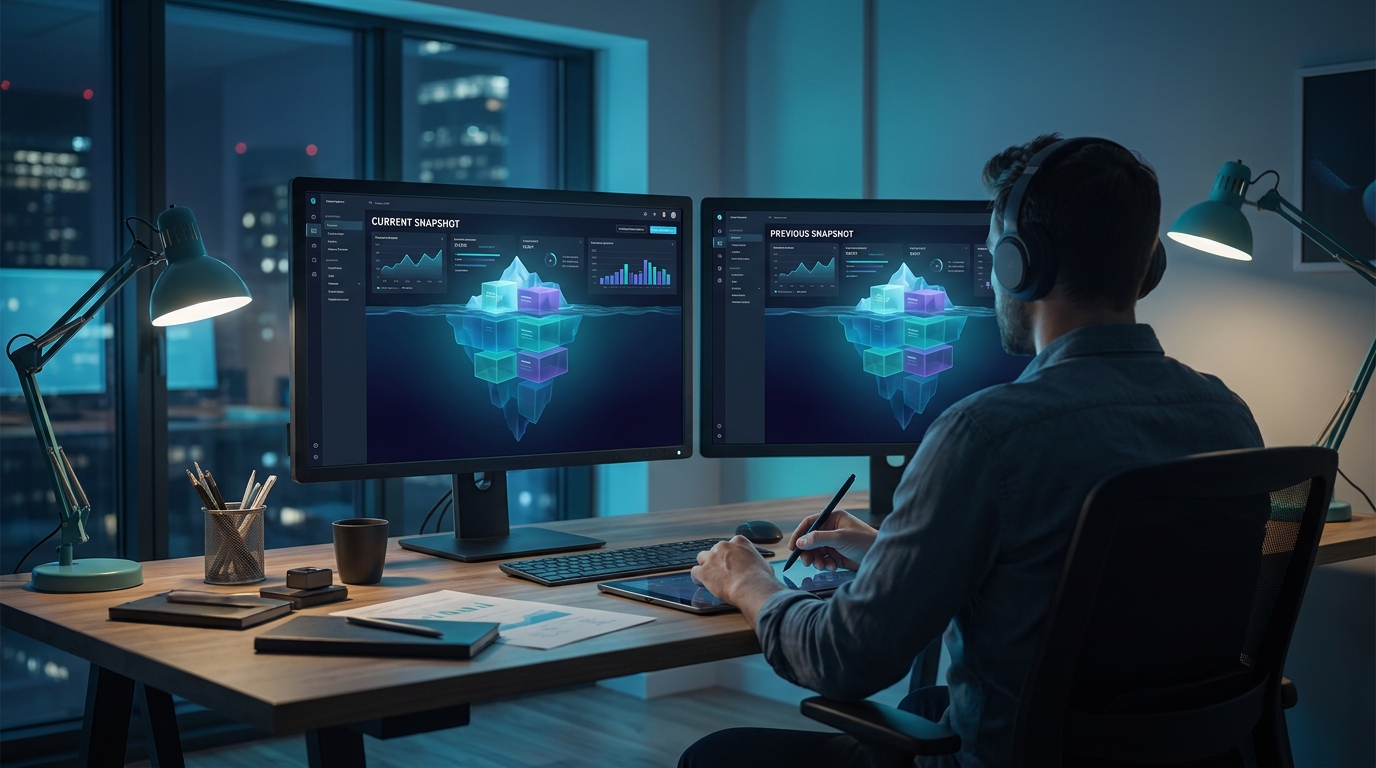 Data engineer comparing current and previous Iceberg snapshots on analytics dashboards