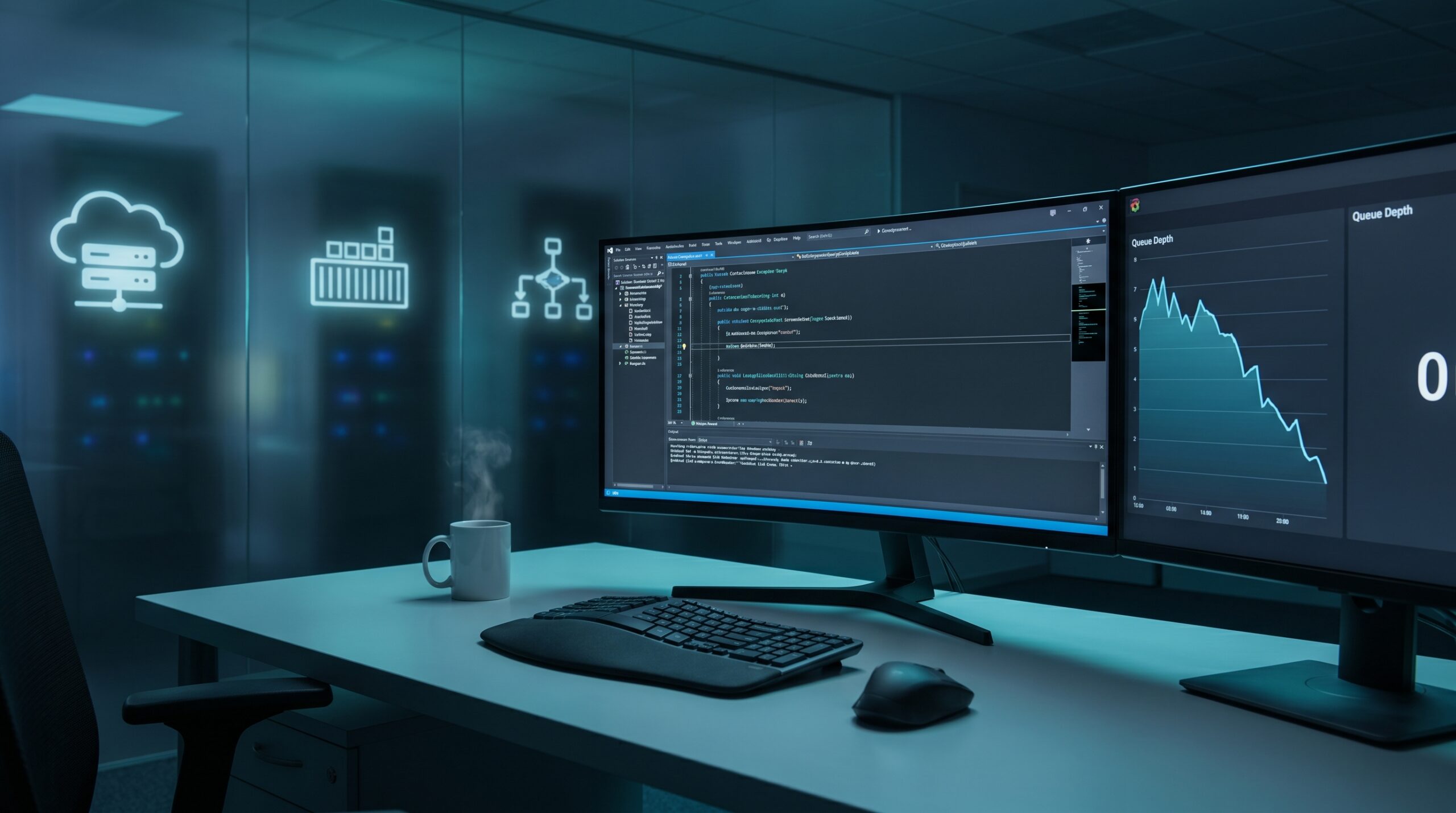 .NET worker service dashboard showing queue drain and graceful shutdown