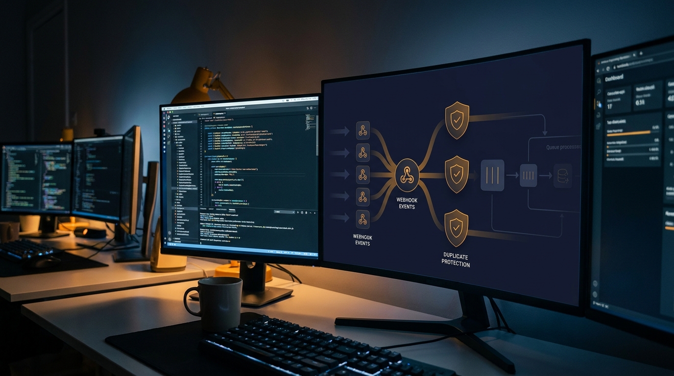 PHP webhook idempotency and queue-first event processing diagram