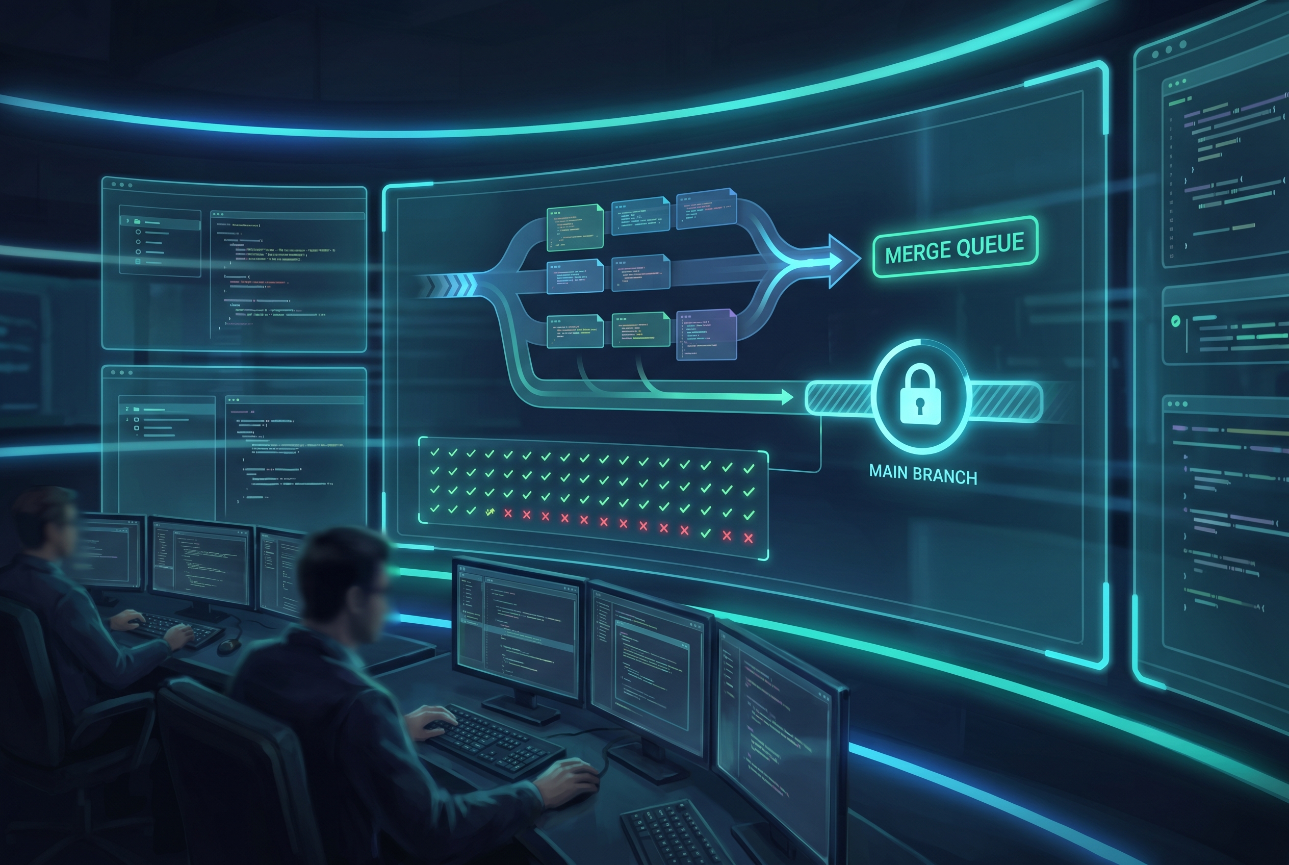 GitHub merge queue workflow with CI checks and protected main branch