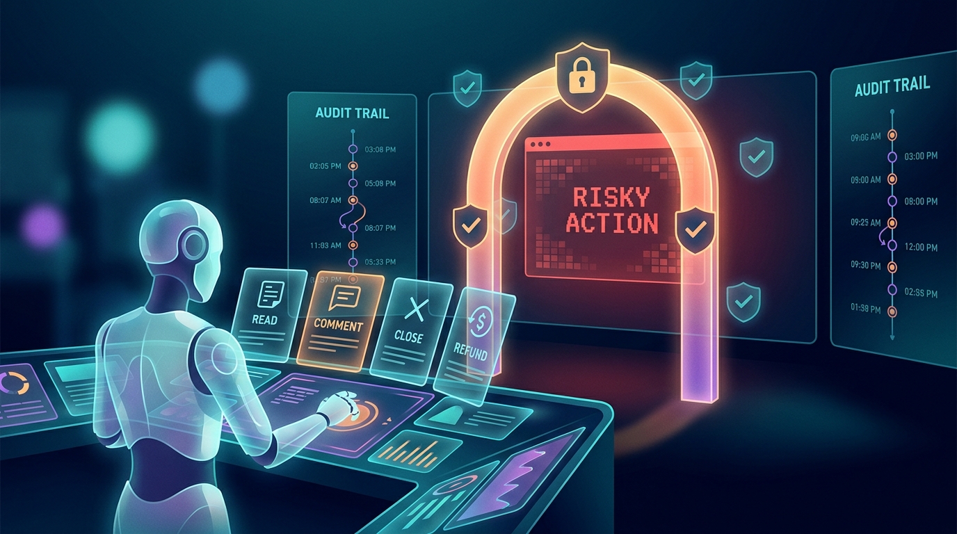 Illustration of AI agent tool calling with approval gate and security controls