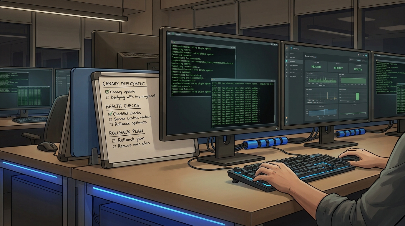 WordPress plugin update rollout dashboard with rollback checklist