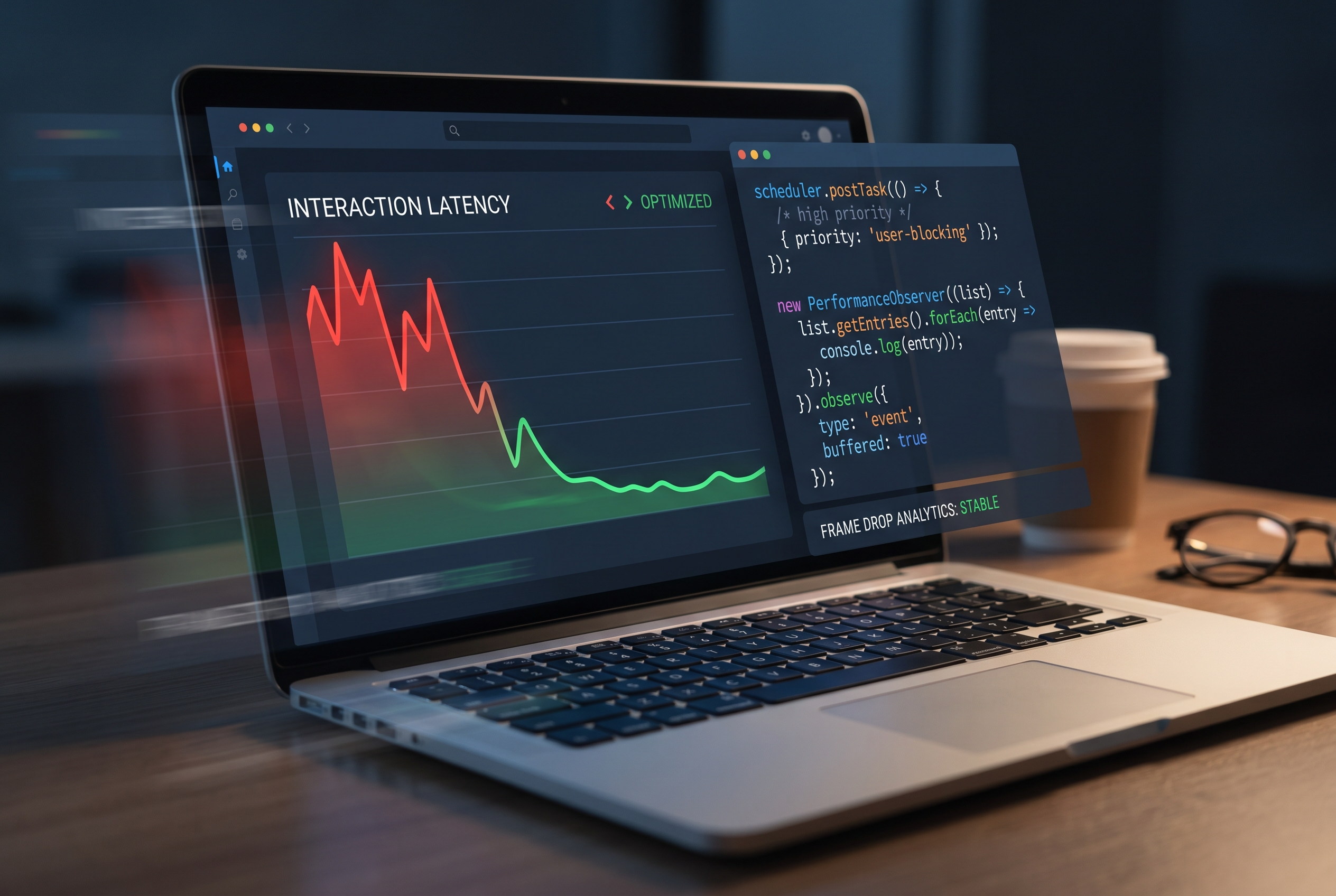 JavaScript INP optimization dashboard showing reduced interaction latency