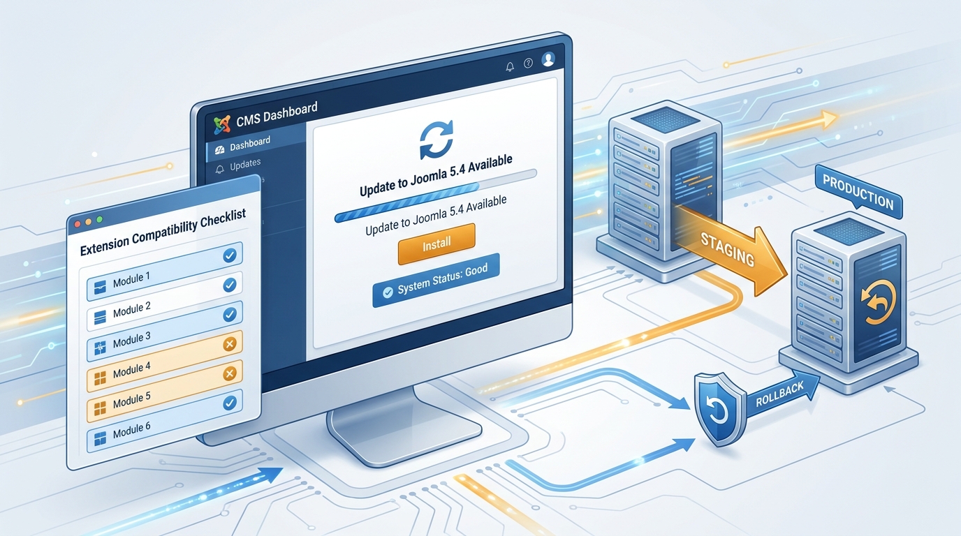 Joomla 5.4 update workflow with compatibility checks and rollback path