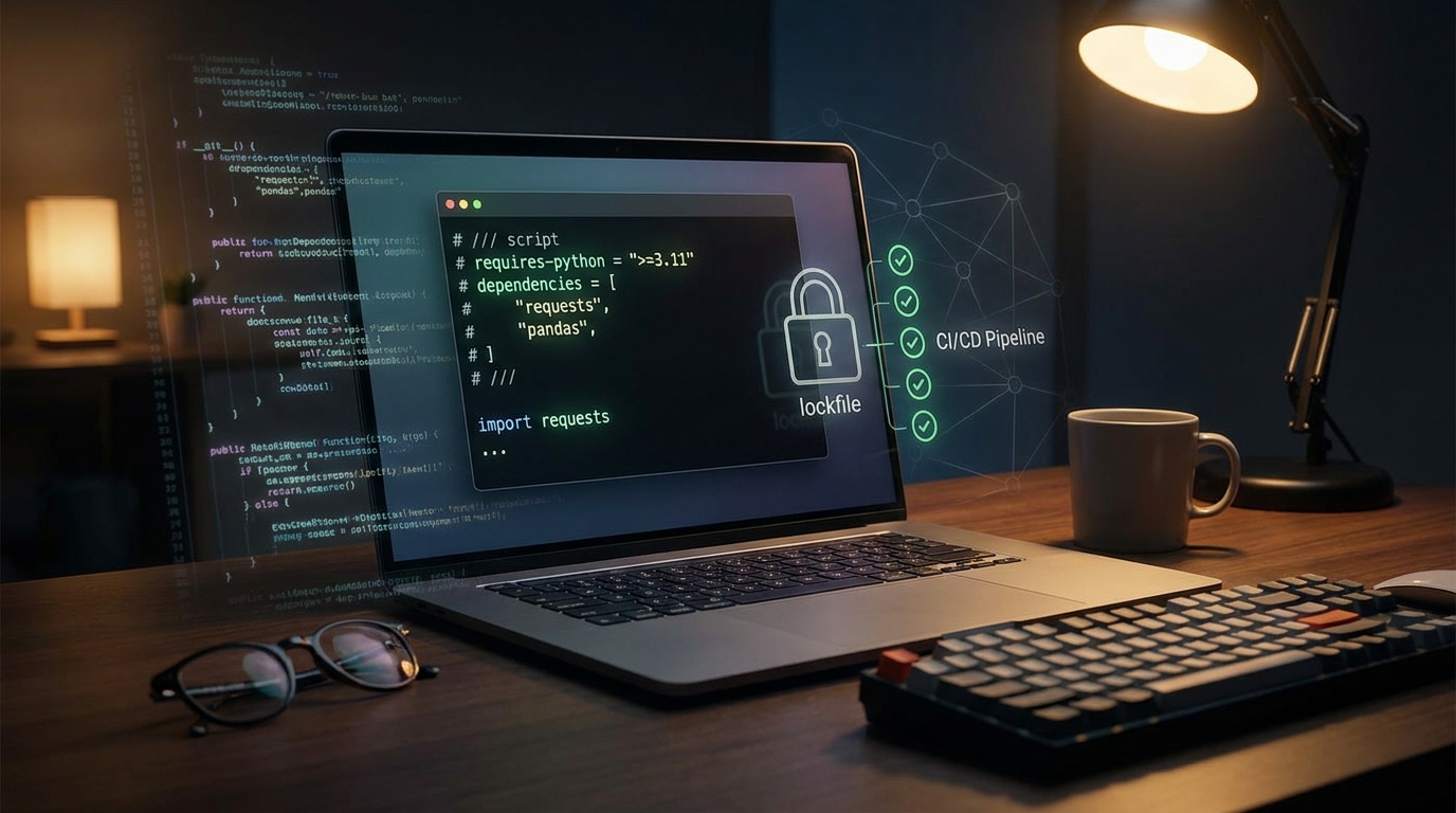 Developer workstation showing a Python script with PEP 723 metadata and a lockfile in a CI pipeline context