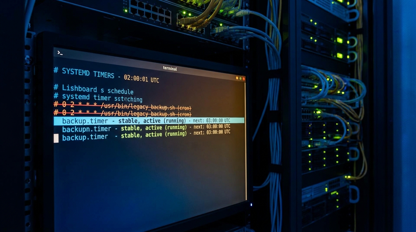 Linux terminal showing systemd timer schedule and cron migration workflow